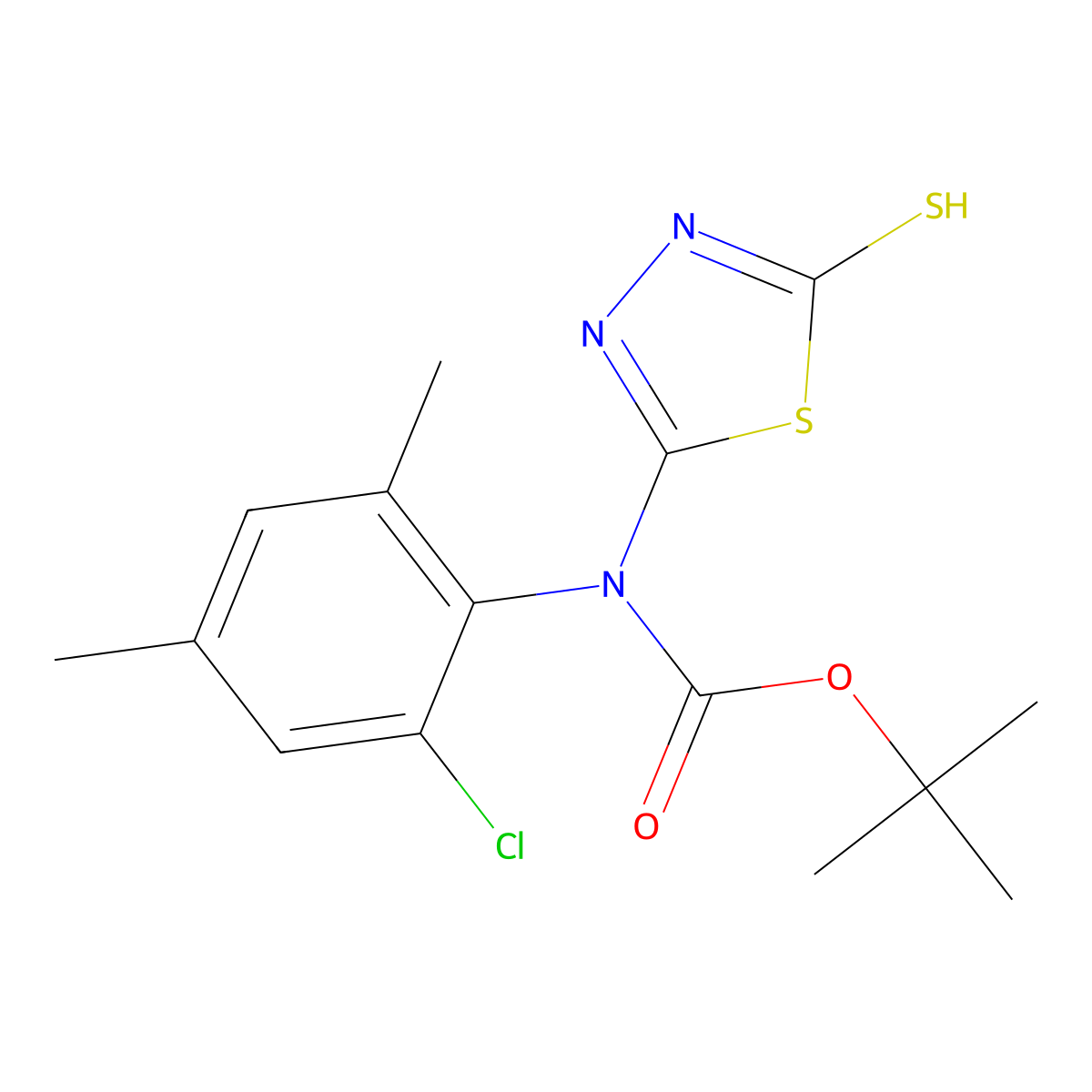 tert-butyl N-(2-chloro-4,6-dimethylphenyl)-N-(5-sulfanyl-1,3,4-thiadiazol-2-yl)carbamate molecular structure, CAS 2413875-24-6