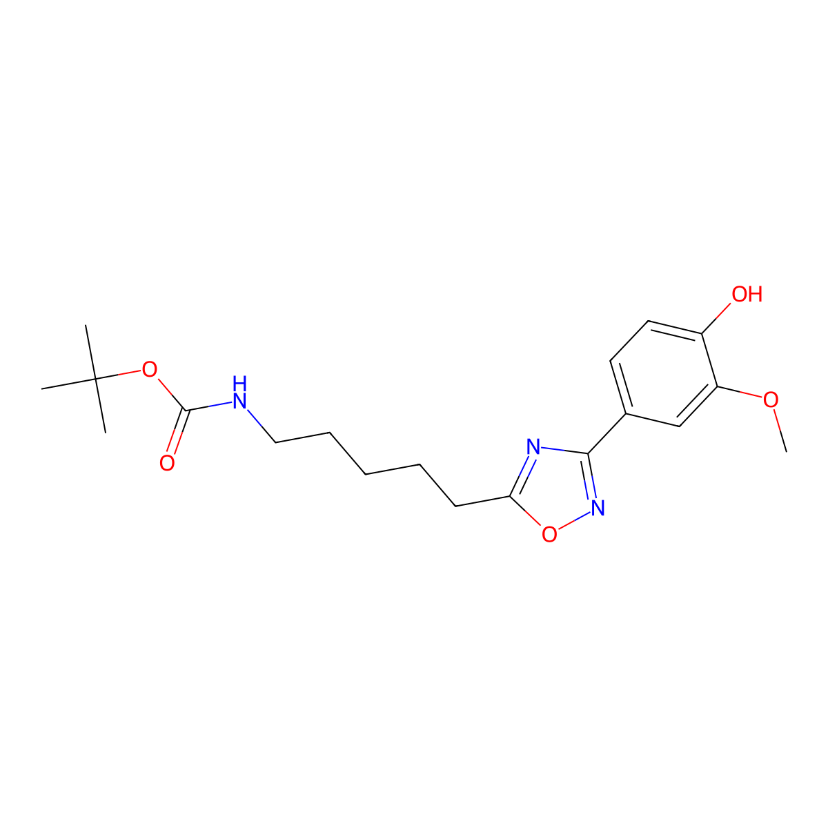 tert-butyl N-{5-[3-(4-hydroxy-3-methoxyphenyl)-1,2,4-oxadiazol-5-yl]pentyl}carbamate molecular structure, CAS 2413875-89-3