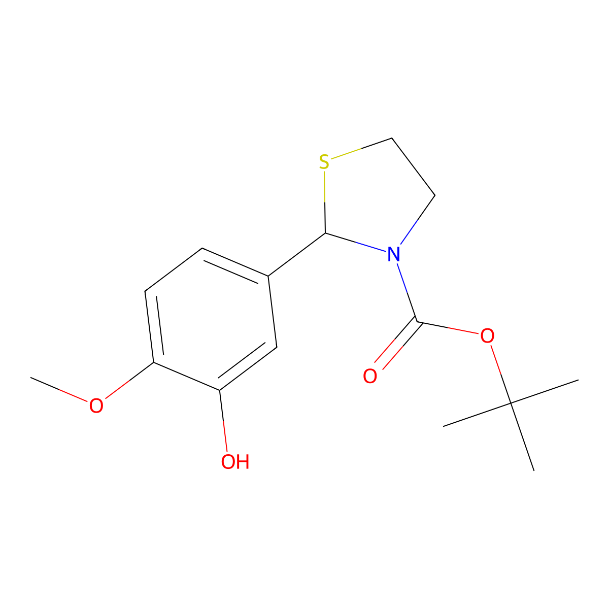Tert-butyl 2-(3-hydroxy-4-methoxyphenyl)-1,3-thiazolidine-3-carboxylate molecular structure, CAS 2413876-50-1