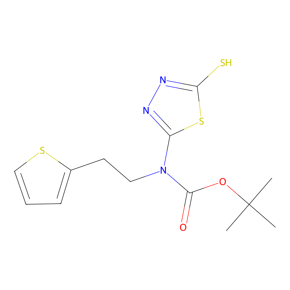 tert-butyl N-(5-sulfanyl-1,3,4-thiadiazol-2-yl)-N-[2-(thiophen-2-yl)ethyl]carbamate molecular structure, CAS 2413876-83-0