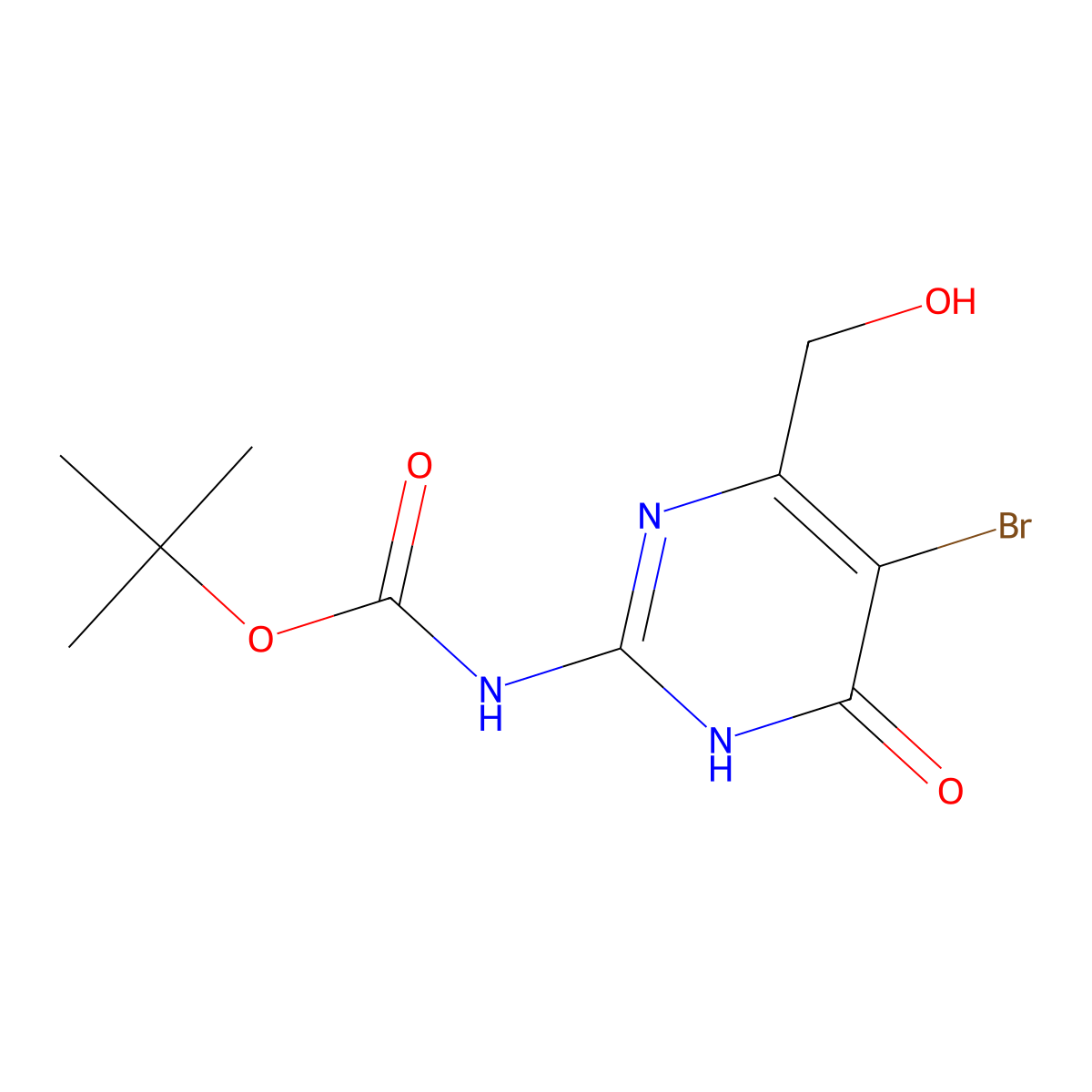 tert-butyl N-[5-bromo-4-(hydroxymethyl)-6-oxo-1,6-dihydropyrimidin-2-yl]carbamate molecular structure, CAS 2413877-43-5