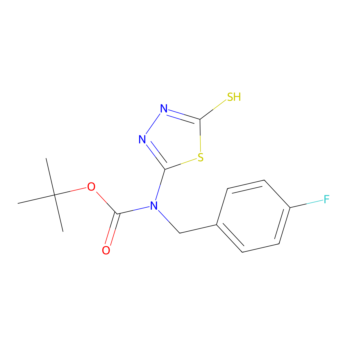 tert-butyl N-[(4-fluorophenyl)methyl]-N-(5-sulfanyl-1,3,4-thiadiazol-2-yl)carbamate molecular structure, CAS 2413883-17-5