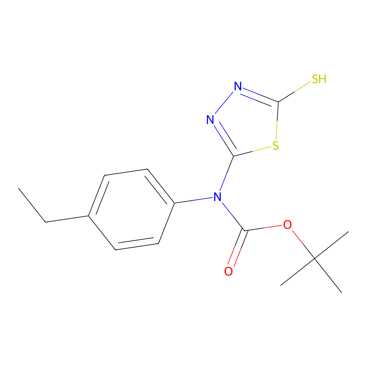tert-butyl N-(4-ethylphenyl)-N-(5-sulfanyl-1,3,4-thiadiazol-2-yl)carbamate molecular structure, CAS 2413883-21-1