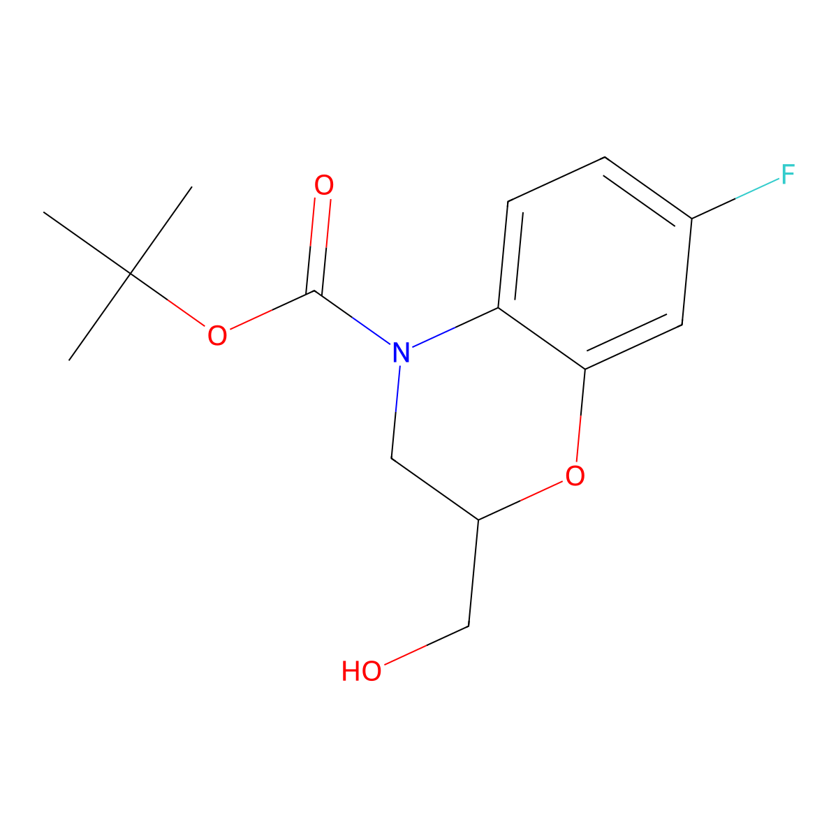 tert-butyl 7-fluoro-2-(hydroxymethyl)-3,4-dihydro-2H-1,4-benzoxazine-4-carboxylate molecular structure, CAS 2413884-64-5