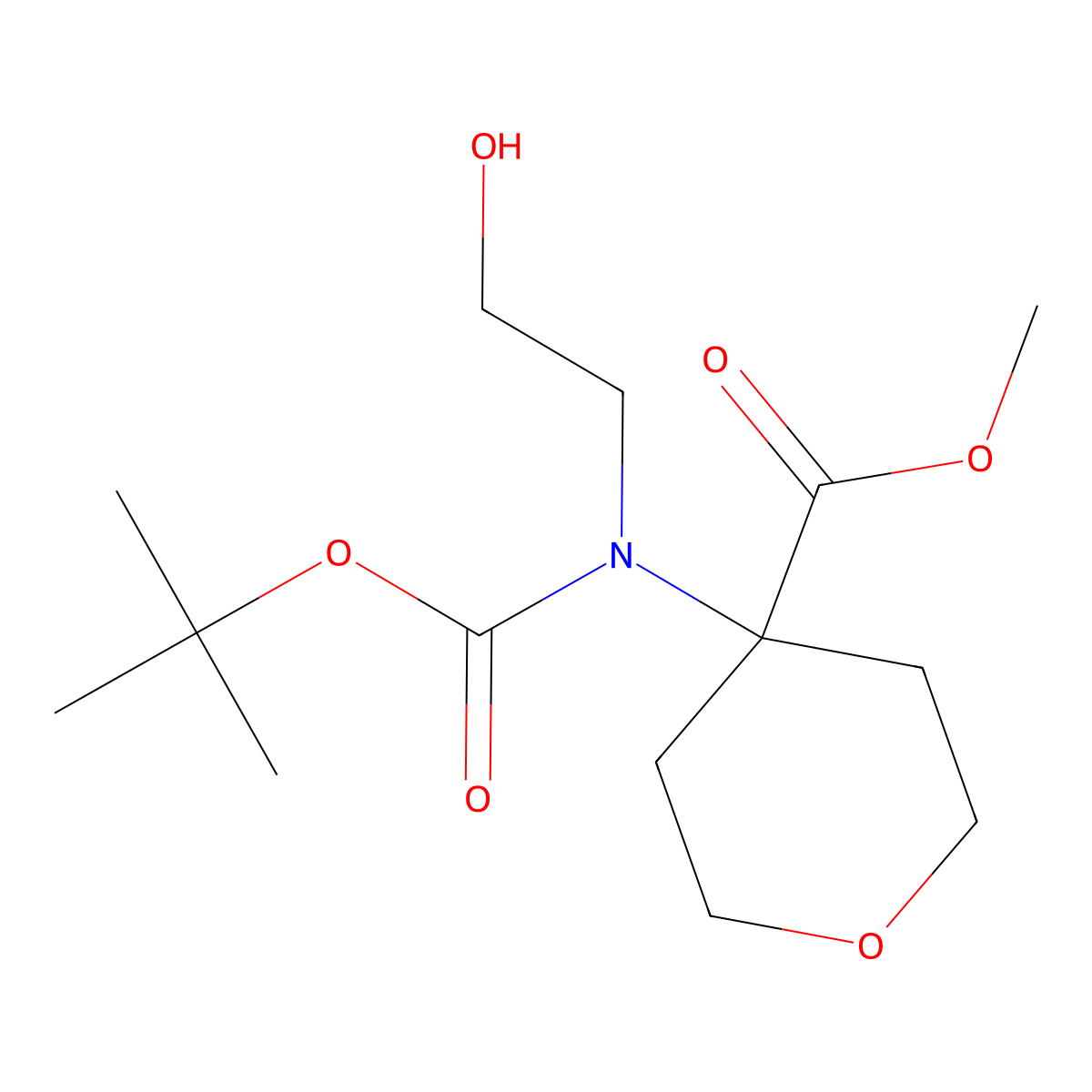 Methyl 4-{[(tert-butoxy)carbonyl](2-hydroxyethyl)amino}oxane-4-carboxylate molecular structure, CAS 2413885-57-9