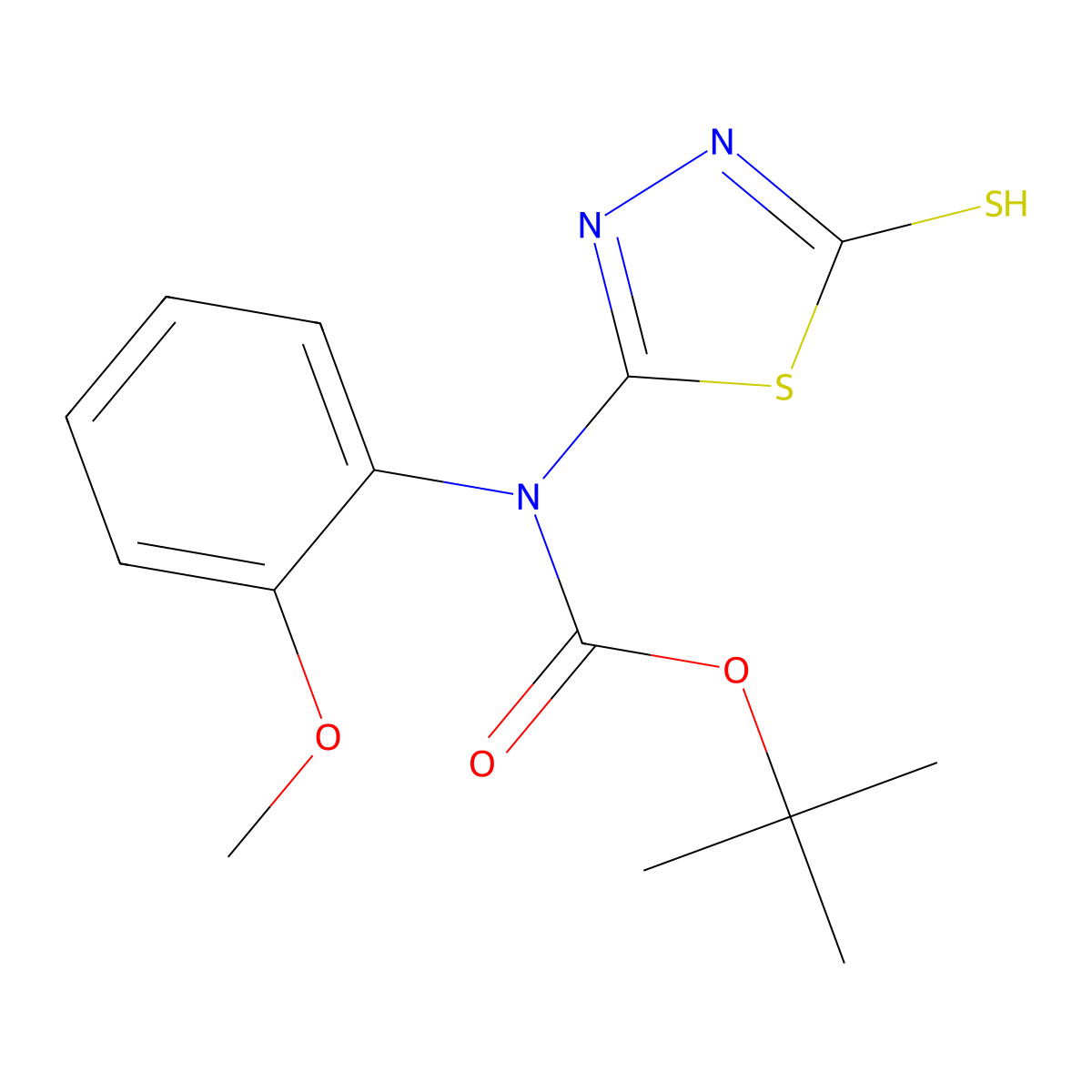 tert-butyl N-(2-methoxyphenyl)-N-(5-sulfanyl-1,3,4-thiadiazol-2-yl)carbamate molecular structure, CAS 2413885-93-3