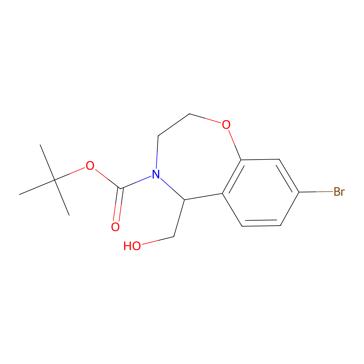 Tert-butyl 8-bromo-5-(hydroxymethyl)-2,3,4,5-tetrahydro-1,4-benzoxazepine-4-carboxylate molecular structure, CAS 2413886-00-5