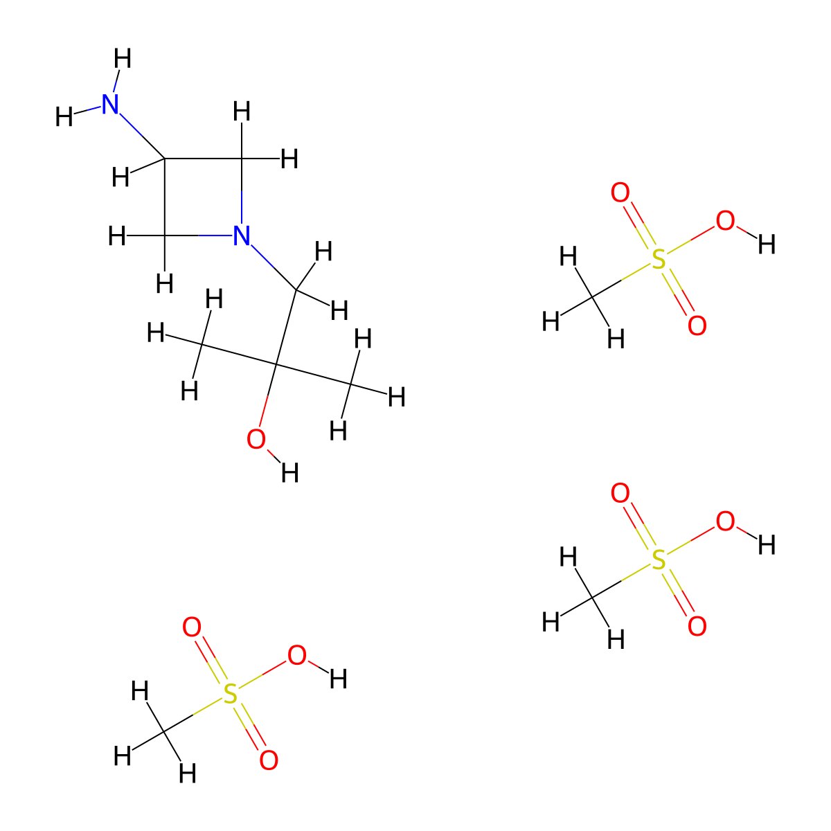 1-(3-Aminoazetidin-1-yl)-2-methylpropan-2-ol, tris(methanesulfonic acid) molecular structure, CAS 2413887-21-3