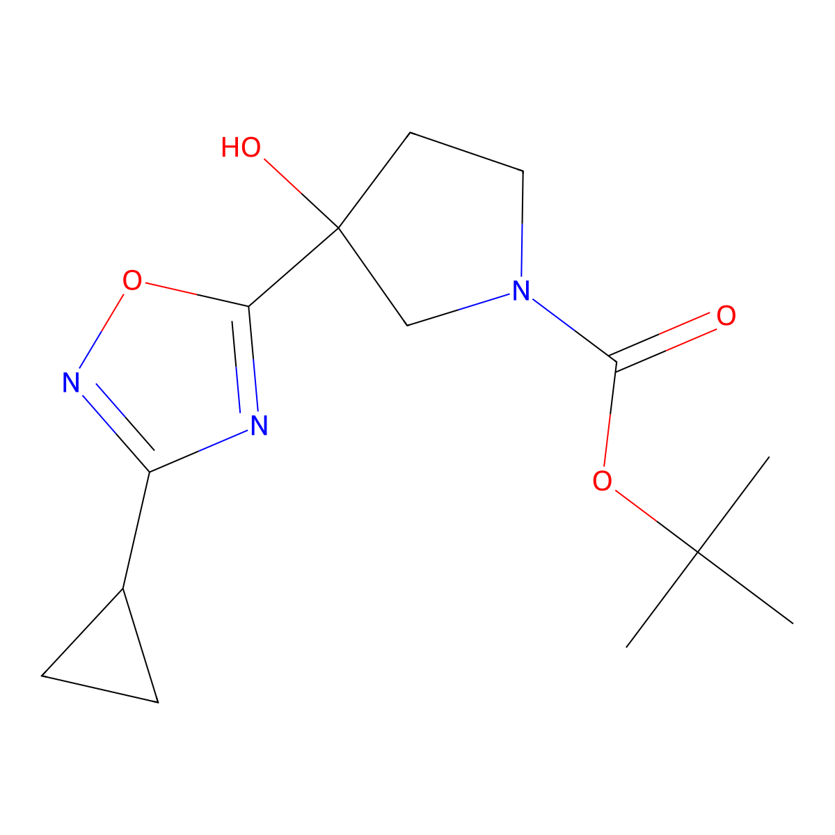 Tert-butyl 3-(3-cyclopropyl-1,2,4-oxadiazol-5-yl)-3-hydroxypyrrolidine-1-carboxylate molecular structure, CAS 2413896-85-0