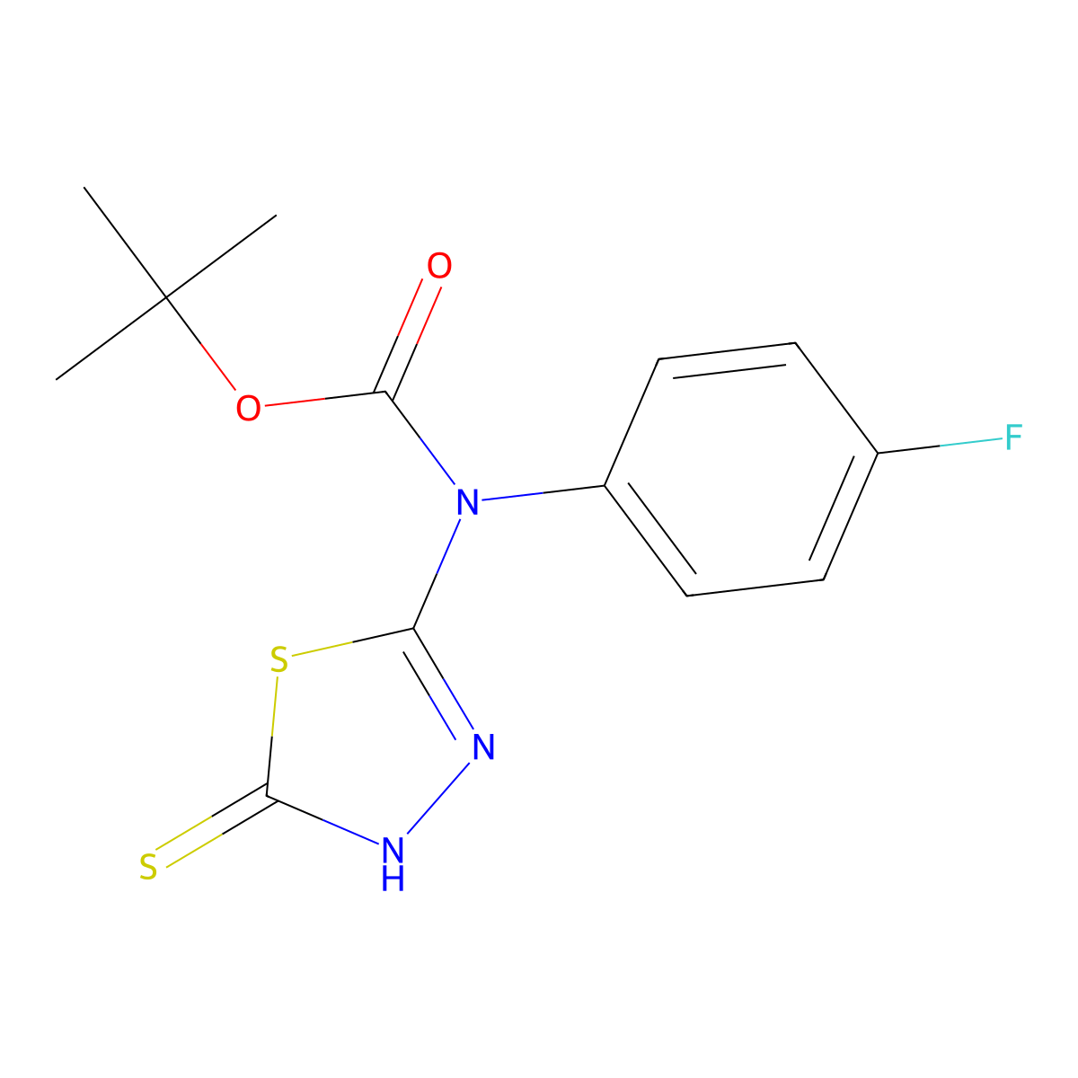 tert-butyl N-(4-fluorophenyl)-N-(5-sulfanyl-1,3,4-thiadiazol-2-yl)carbamate molecular structure, CAS 2413897-27-3