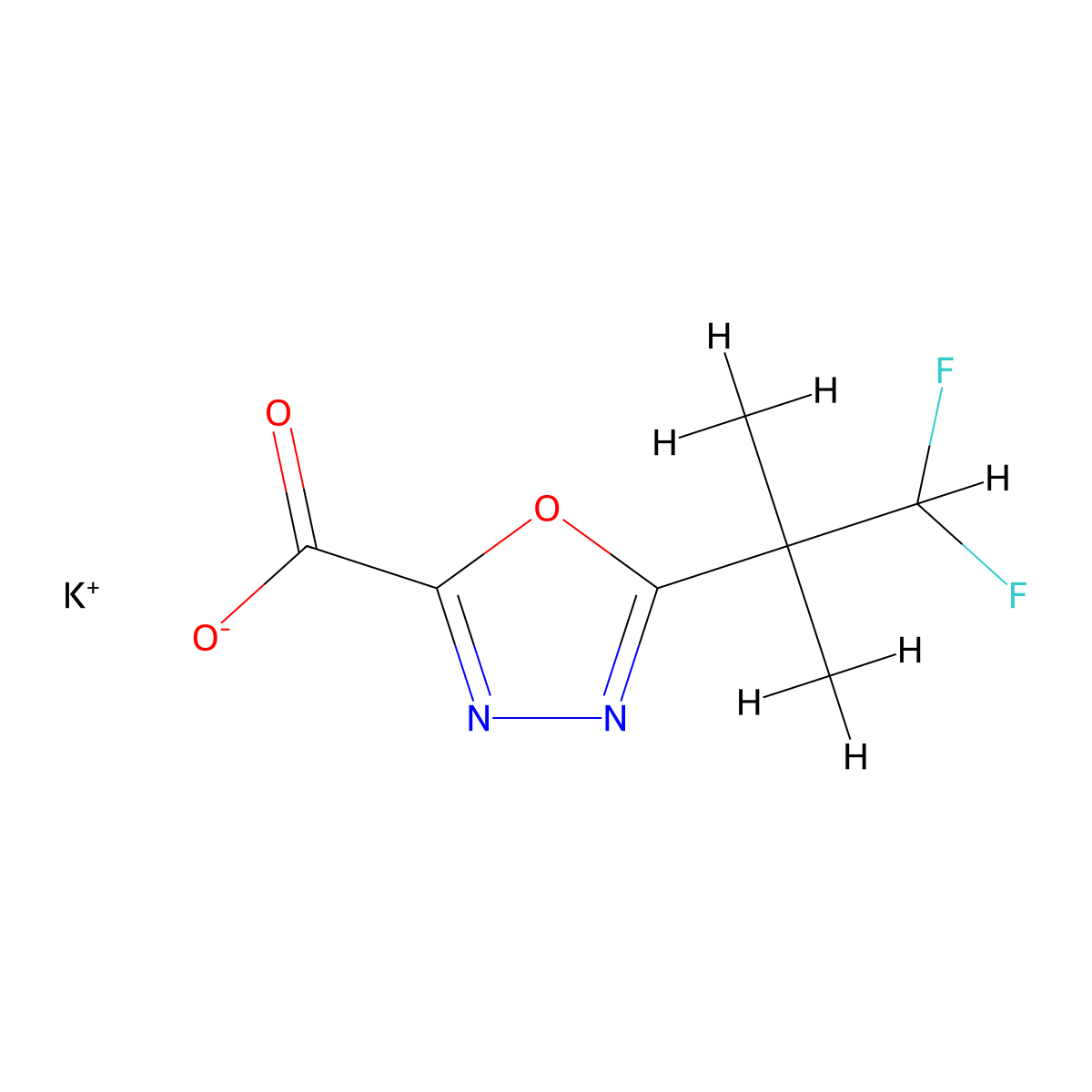 Potassium 5-(1,1-difluoro-2-methylpropan-2-yl)-1,3,4-oxadiazole-2-carboxylate molecular structure, CAS 2413897-28-4