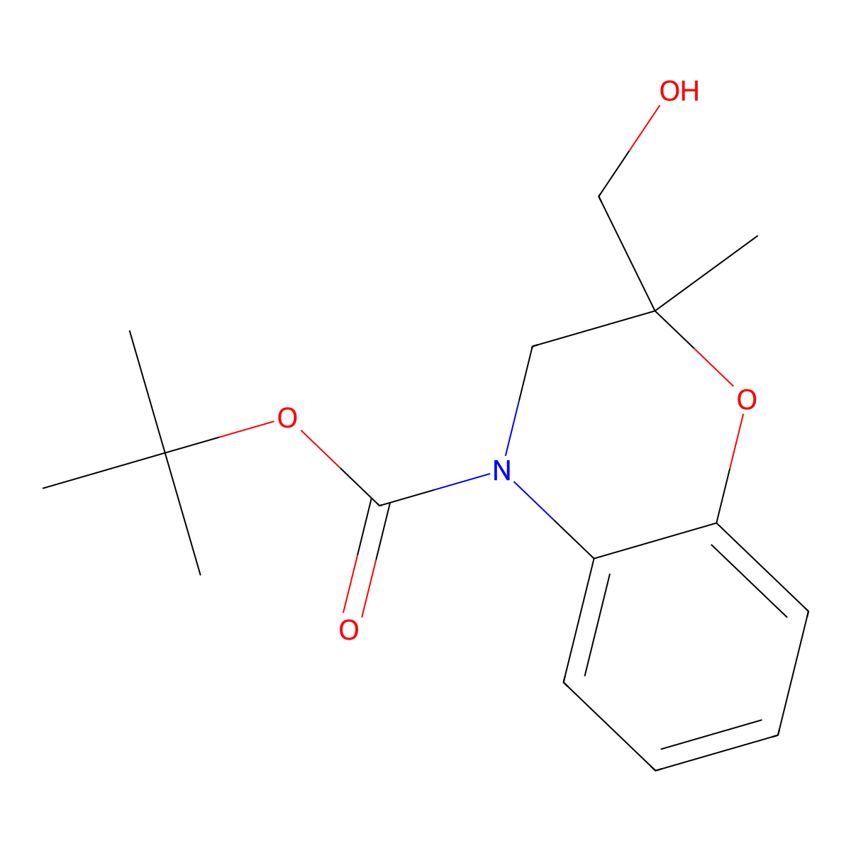 tert-butyl 2-(hydroxymethyl)-2-methyl-3,4-dihydro-2H-1,4-benzoxazine-4-carboxylate molecular structure, CAS 2413897-92-2