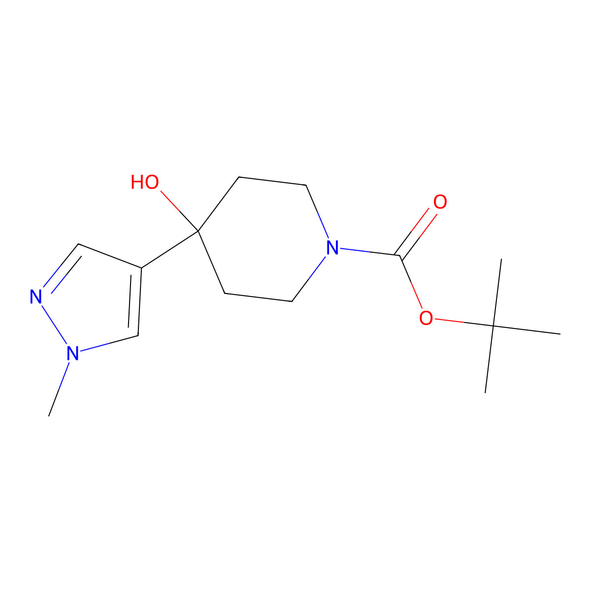tert-butyl 4-hydroxy-4-(1-methyl-1H-pyrazol-4-yl)piperidine-1-carboxylate molecular structure, CAS 2413897-97-7