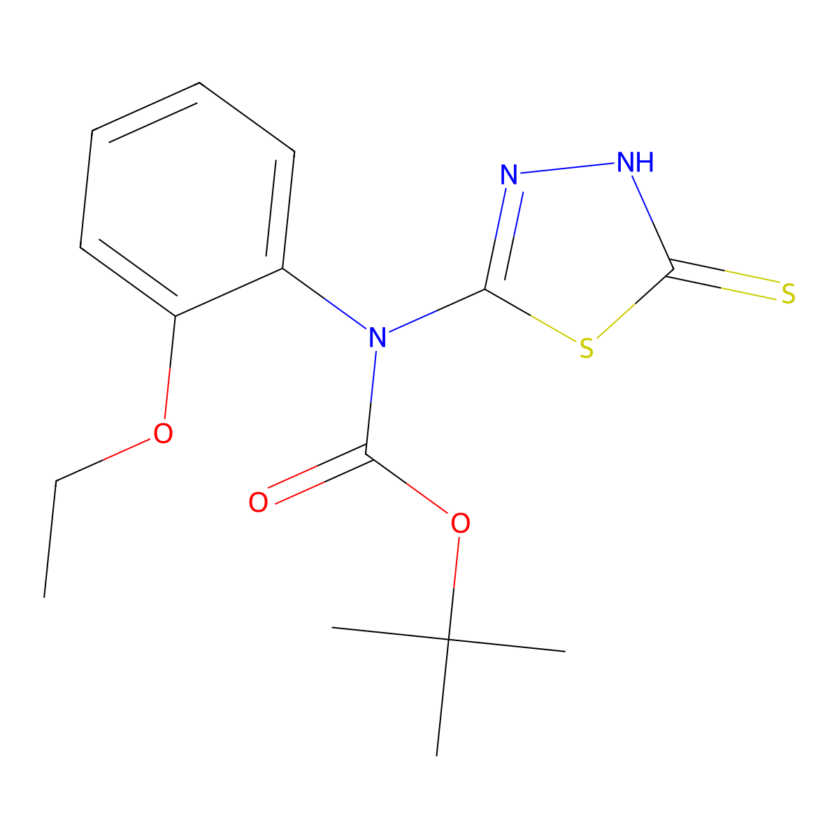 tert-butyl N-(2-ethoxyphenyl)-N-(5-sulfanyl-1,3,4-thiadiazol-2-yl)carbamate molecular structure, CAS 2413898-27-6