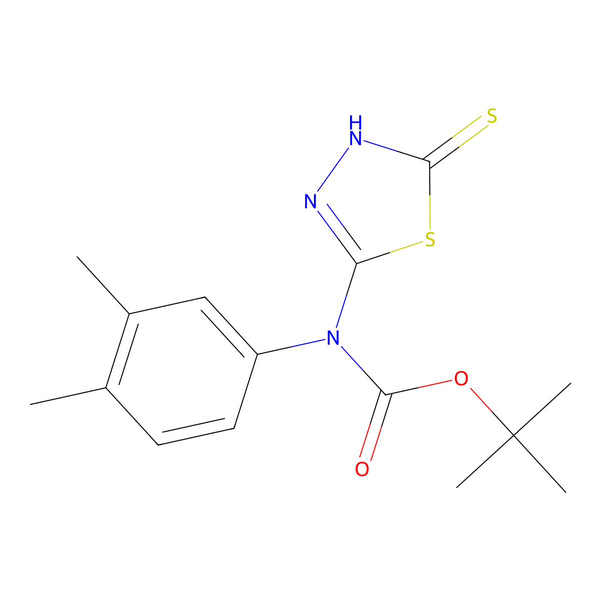 tert-butyl N-(3,4-dimethylphenyl)-N-(5-sulfanyl-1,3,4-thiadiazol-2-yl)carbamate molecular structure, CAS 2413898-33-4