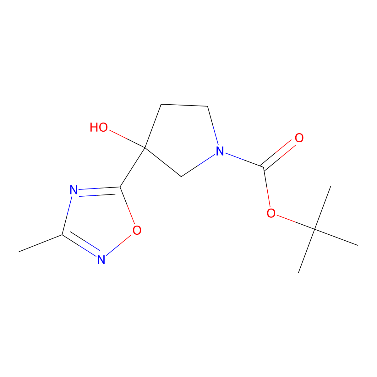 Tert-butyl 3-hydroxy-3-(3-methyl-1,2,4-oxadiazol-5-yl)pyrrolidine-1-carboxylate molecular structure, CAS 2413898-93-6