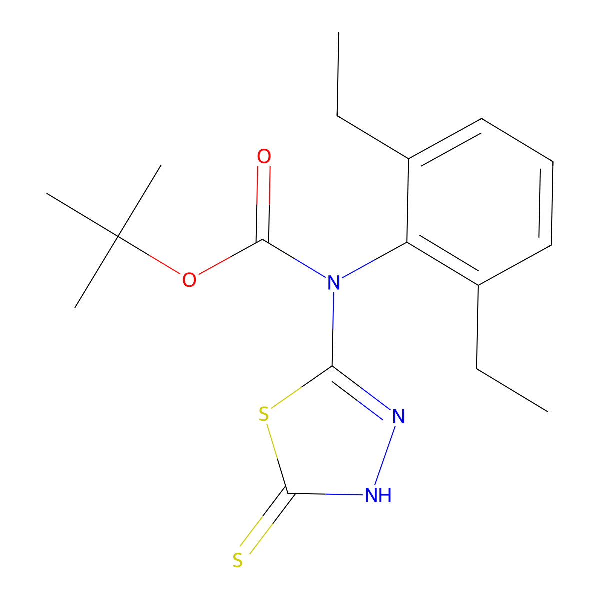 tert-butyl N-(2,6-diethylphenyl)-N-(5-sulfanyl-1,3,4-thiadiazol-2-yl)carbamate molecular structure, CAS 2413899-45-1