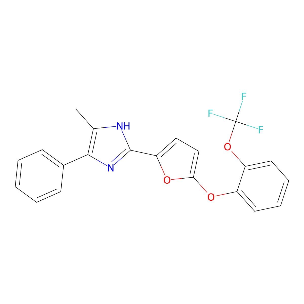 5-methyl-4-phenyl-2-{5-[2-(trifluoromethoxy)phenoxy]furan-2-yl}-1H-imidazole molecular structure, CAS 2413900-06-6