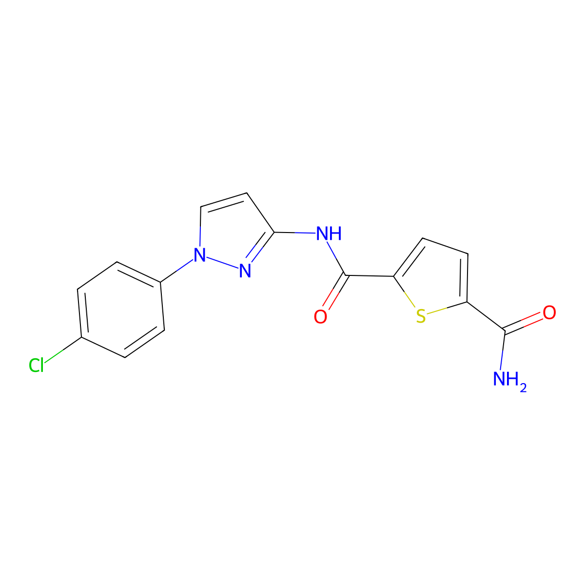 N2-[1-(4-chlorophenyl)-1H-pyrazol-3-yl]thiophene-2,5-dicarboxamide molecular structure, CAS 2413900-15-7