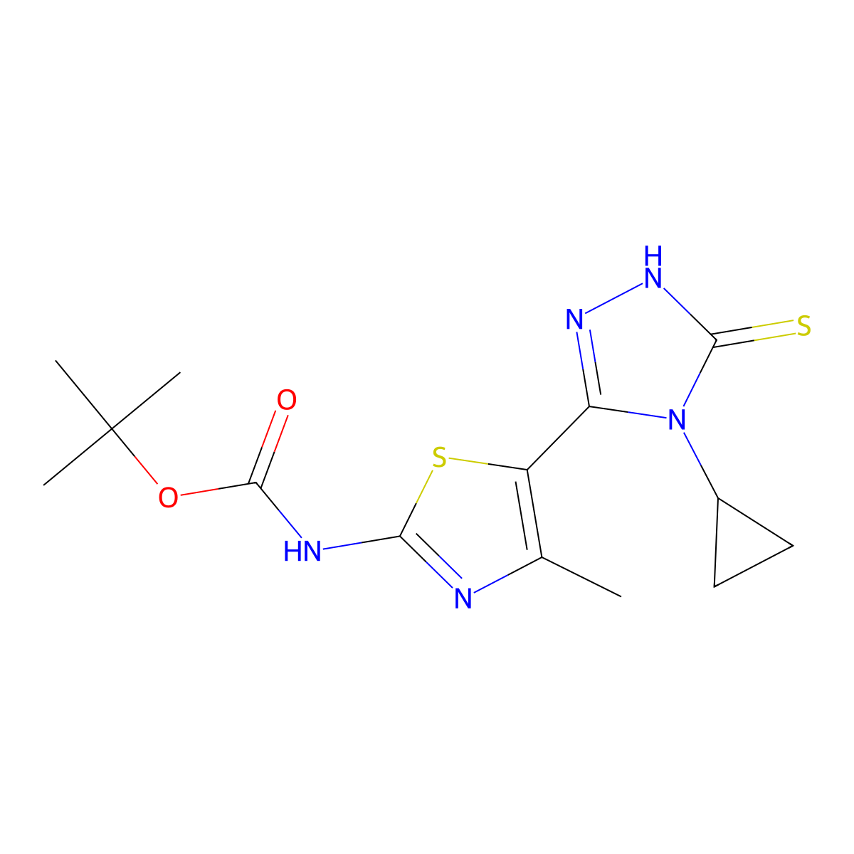 tert-butyl N-[5-(4-cyclopropyl-5-sulfanyl-4H-1,2,4-triazol-3-yl)-4-methyl-1,3-thiazol-2-yl]carbamate molecular structure, CAS 2413900-49-7