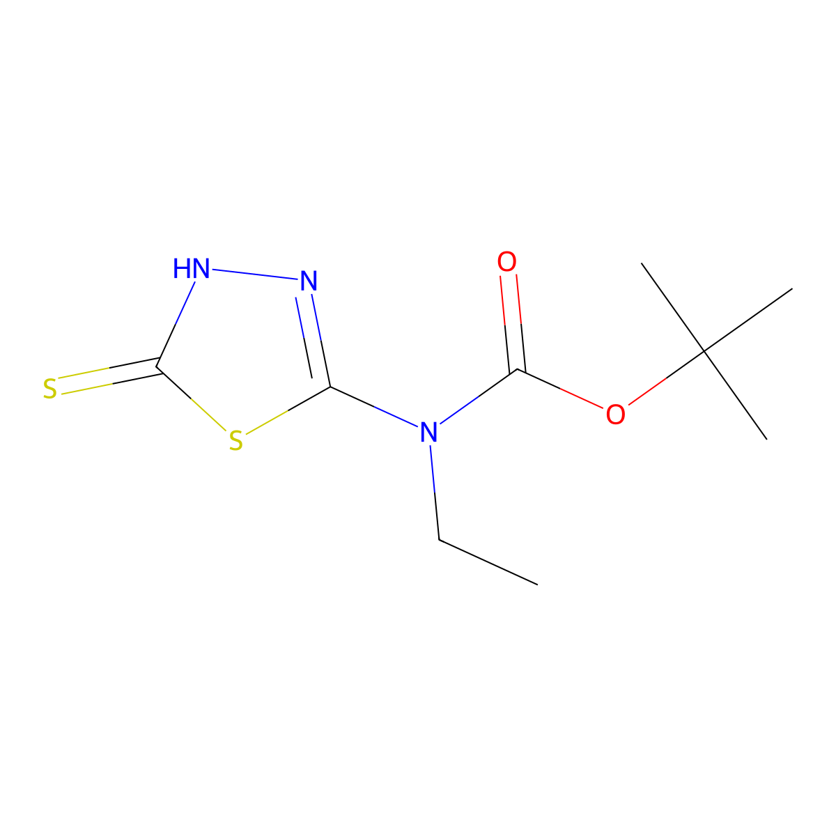 tert-butyl N-ethyl-N-(5-sulfanyl-1,3,4-thiadiazol-2-yl)carbamate molecular structure, CAS 2413900-74-8