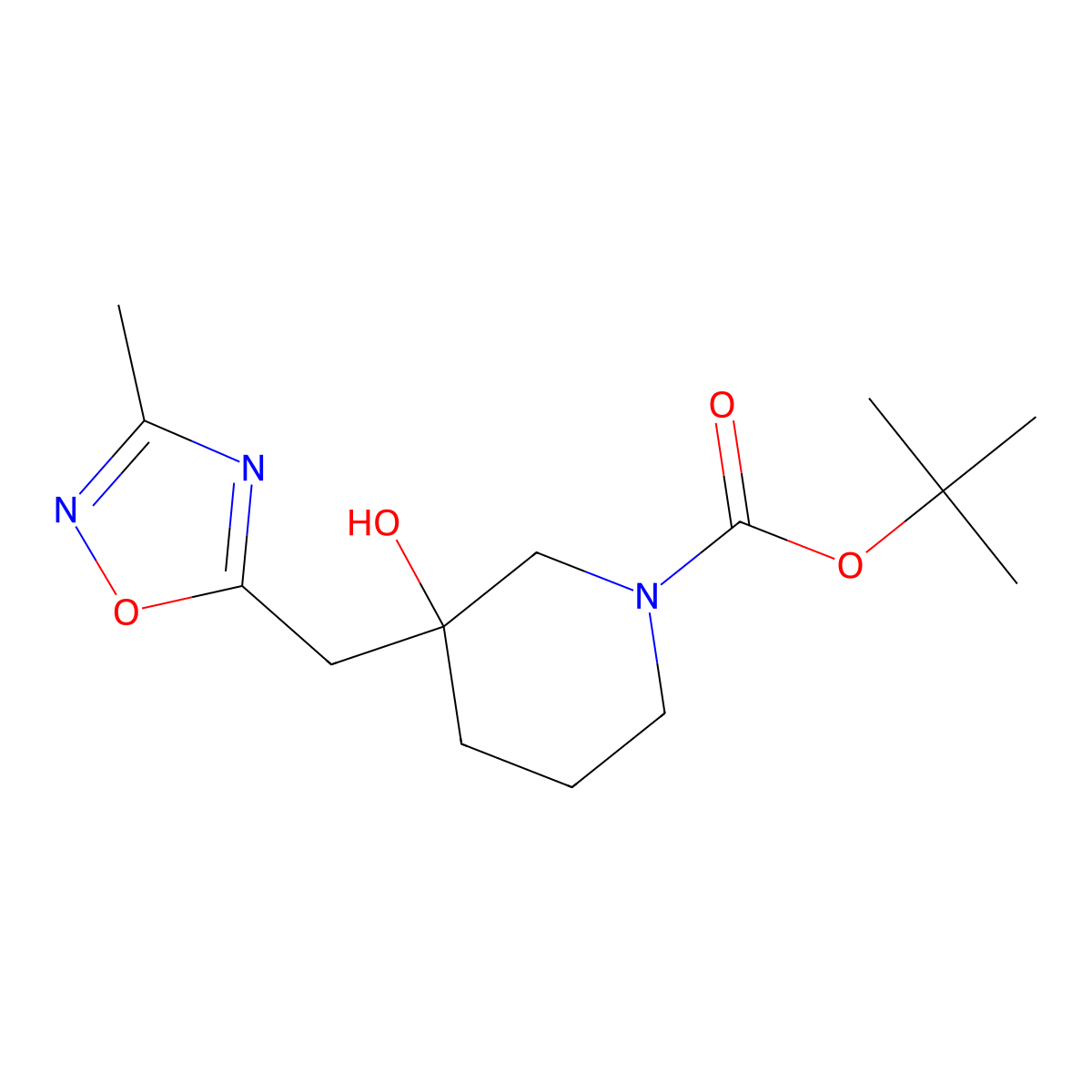 Tert-butyl 3-hydroxy-3-[(3-methyl-1,2,4-oxadiazol-5-yl)methyl]piperidine-1-carboxylate molecular structure, CAS 2413901-17-2