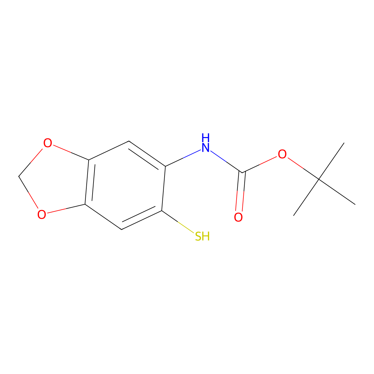tert-butyl N-(6-sulfanyl-1,3-dioxaindan-5-yl)carbamate molecular structure, CAS 2413904-18-2
