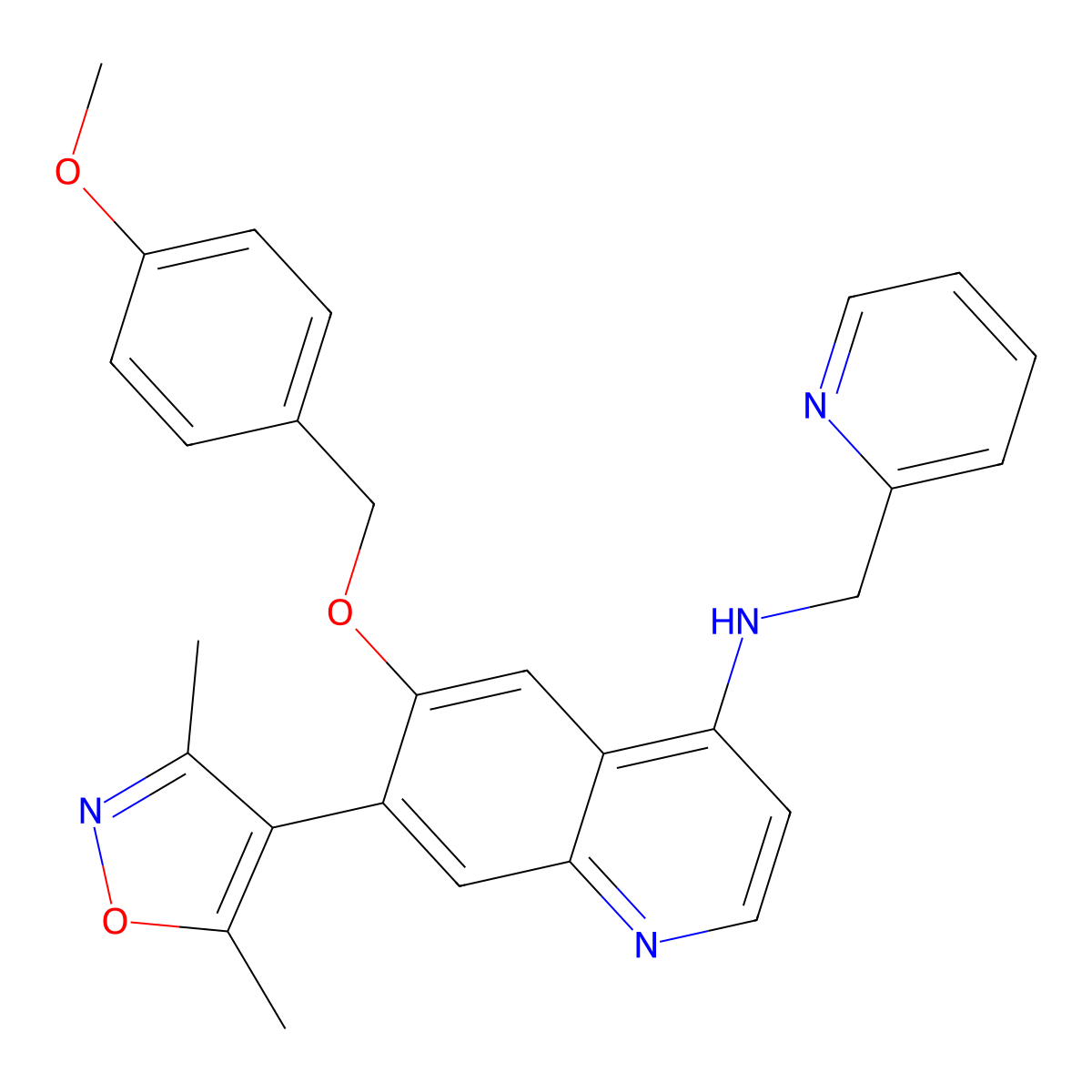 7-(3,5-dimethyl-1,2-oxazol-4-yl)-6-[(4-methoxyphenyl)methoxy]-N-[(pyridin-2-yl)methyl]quinolin-4-amine molecular structure, CAS 2413904-25-1