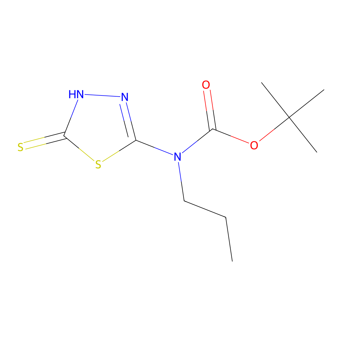 tert-butyl N-propyl-N-(5-sulfanyl-1,3,4-thiadiazol-2-yl)carbamate molecular structure, CAS 2413904-30-8