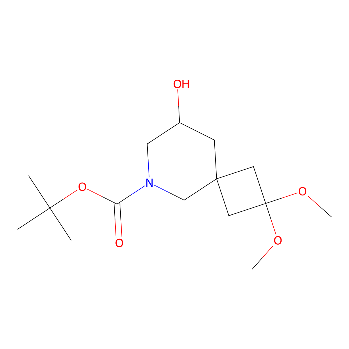 Tert-butyl 8-hydroxy-2,2-dimethoxy-6-azaspiro[3.5]nonane-6-carboxylate molecular structure, CAS 2413904-57-9