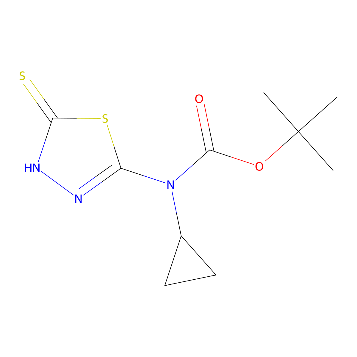 tert-butyl N-cyclopropyl-N-(5-sulfanyl-1,3,4-thiadiazol-2-yl)carbamate molecular structure, CAS 2413905-26-5
