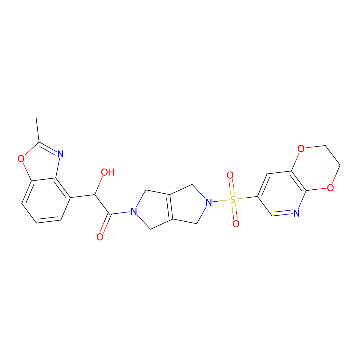 (2R)-1-[5-(2,3-dihydro-[1,4]dioxino[2,3-b]pyridin-7-ylsulfonyl)-1,3,4,6-tetrahydropyrrolo[3,4-c]pyrrol-2-yl]-2-hydroxy-2-(2-methyl-1,3-benzoxazol-4-yl)ethanone molecular structure, CAS 2413991-75-8
