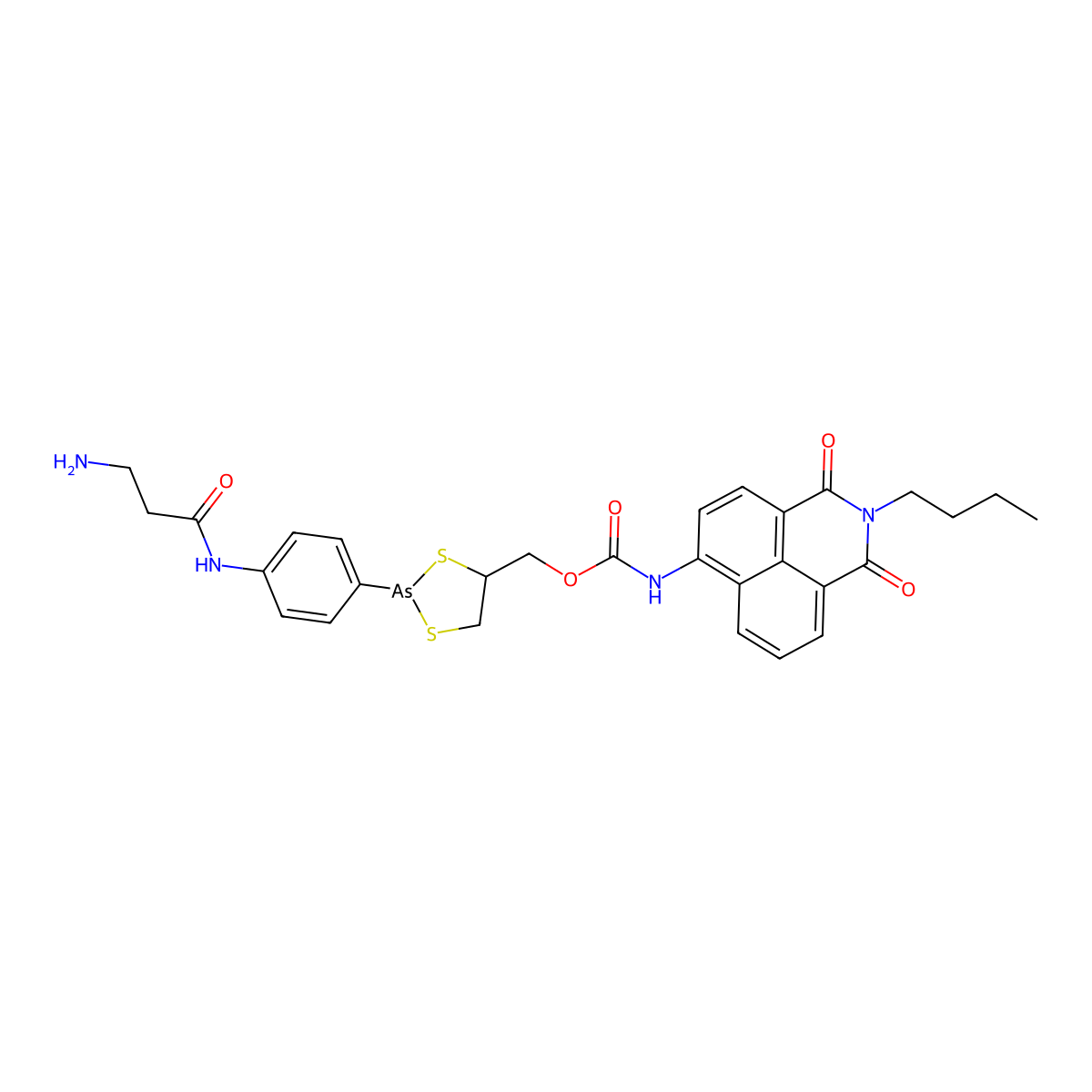 [2-[4-(3-aminopropanoylamino)phenyl]-1,3,2-dithiarsolan-4-yl]methyl N-(2-butyl-1,3-dioxobenzo[de]isoquinolin-6-yl)carbamate molecular structure, CAS 2414276-32-5
