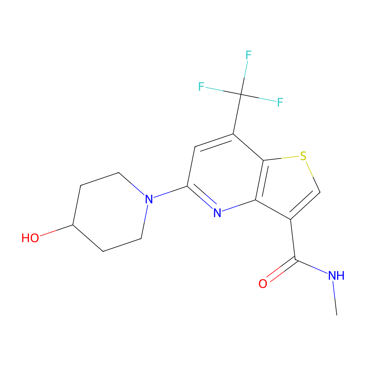 5-(4-hydroxypiperidin-1-yl)-N-methyl-7-(trifluoromethyl)thieno[3,2-b]pyridine-3-carboxamide molecular structure, CAS 2414357-88-1