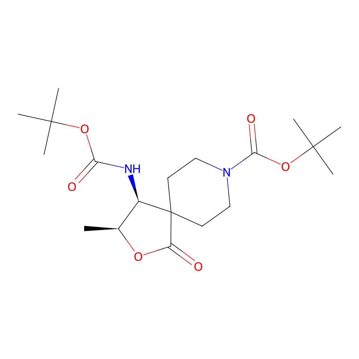 tert-Butyl (3S,4S)-4-((tert-butoxycarbonyl)amino)-3-methyl-1-oxo-2-oxa-8-azaspiro[4.5]decane-8-carboxylate molecular structure, CAS 2414415-75-9