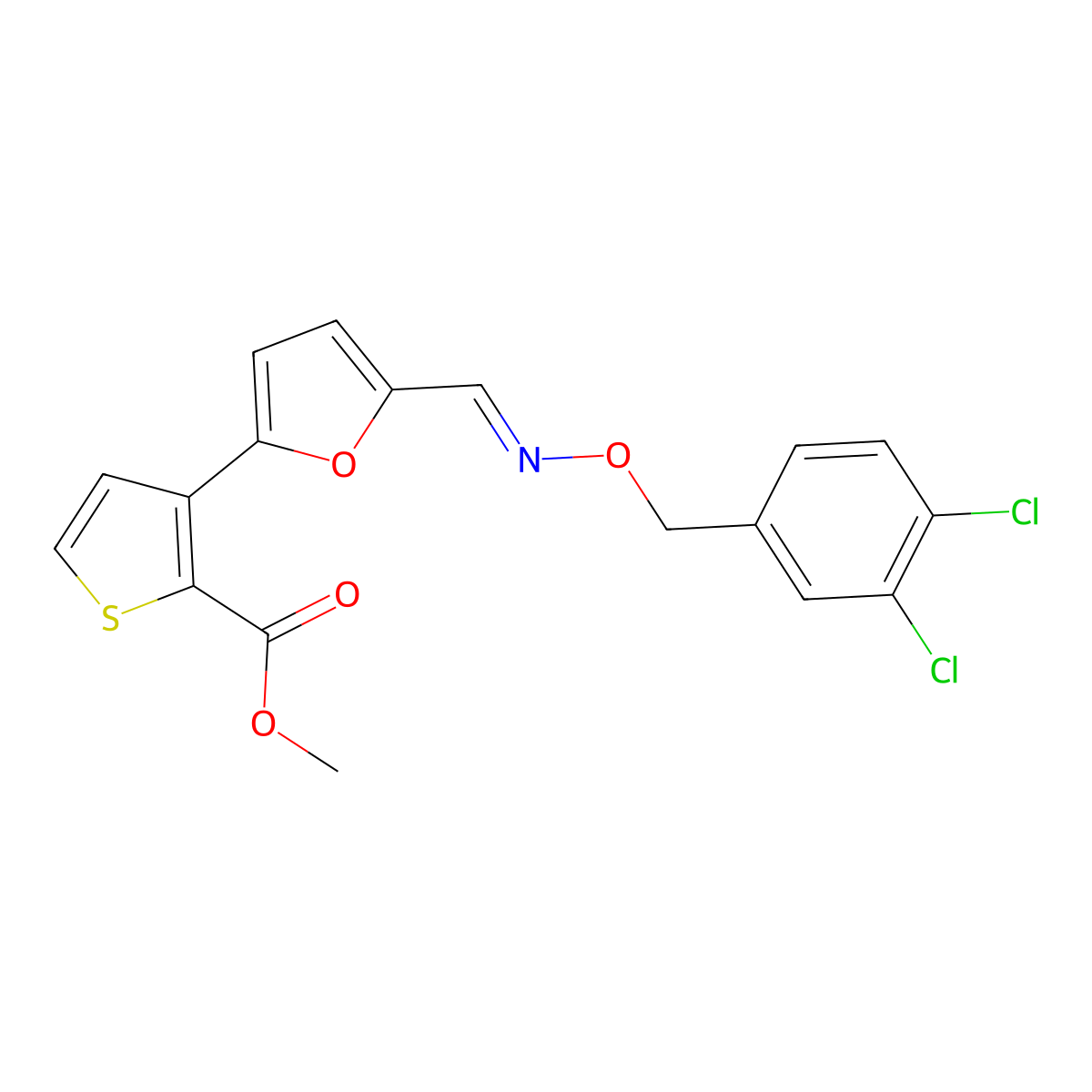 Methyl 3-[5-({[(3,4-dichlorobenzyl)oxy]imino}methyl)-2-furyl]-2-thiophenecarboxylate molecular structure, CAS 241488-18-6