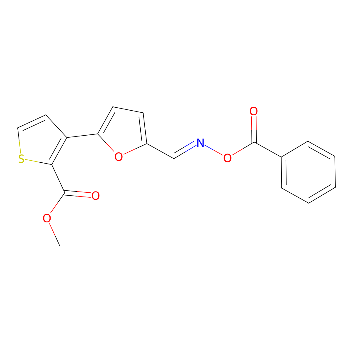 Methyl 3-(5-{[(benzoyloxy)imino]methyl}-2-furyl)-2-thiophenecarboxylate molecular structure, CAS 241488-28-8