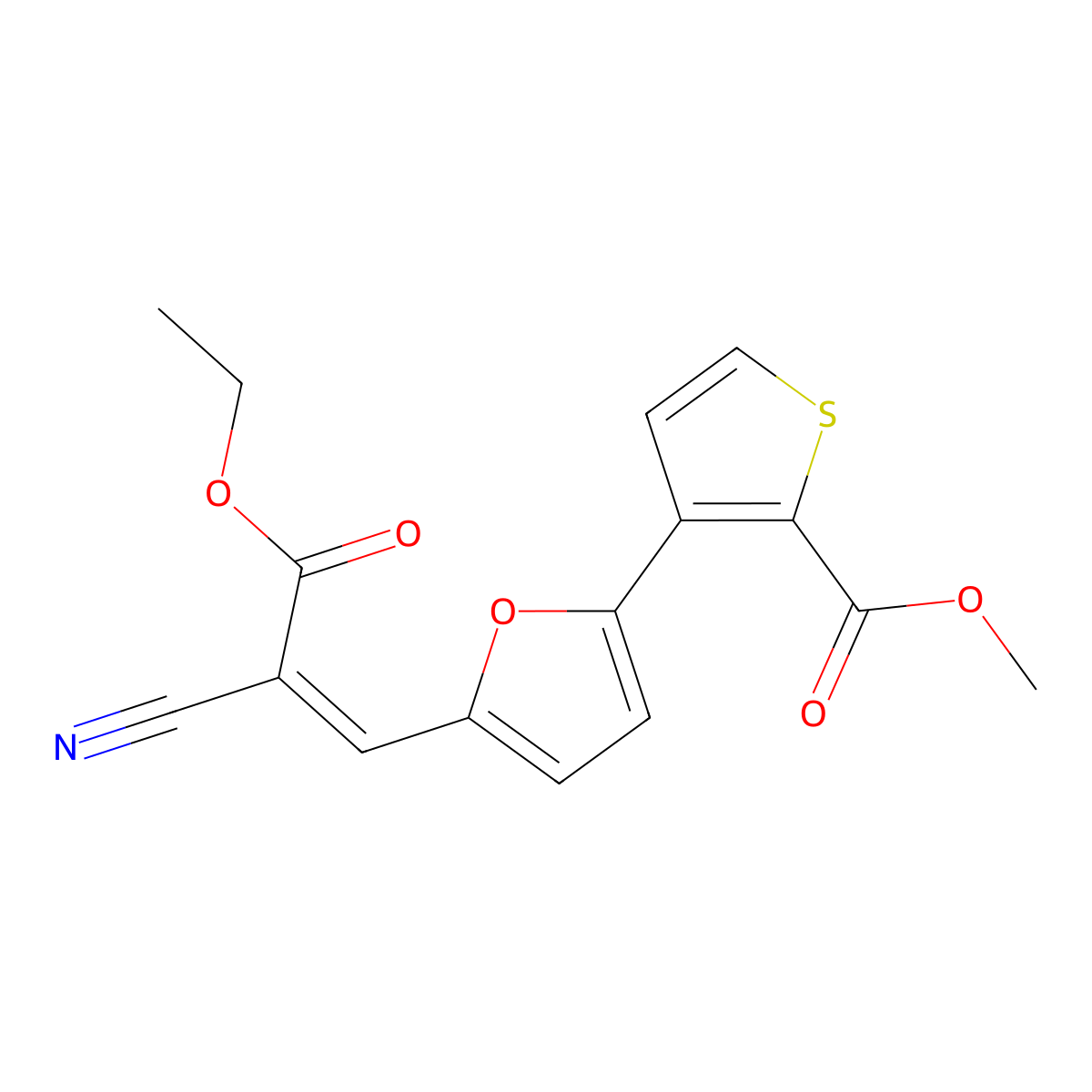 Methyl 3-(5-(2-cyano-3-ethoxy-3-oxo-1-propen-1-yl)-2-furanyl)-2-thiophenecarboxylate molecular structure, CAS 241488-29-9
