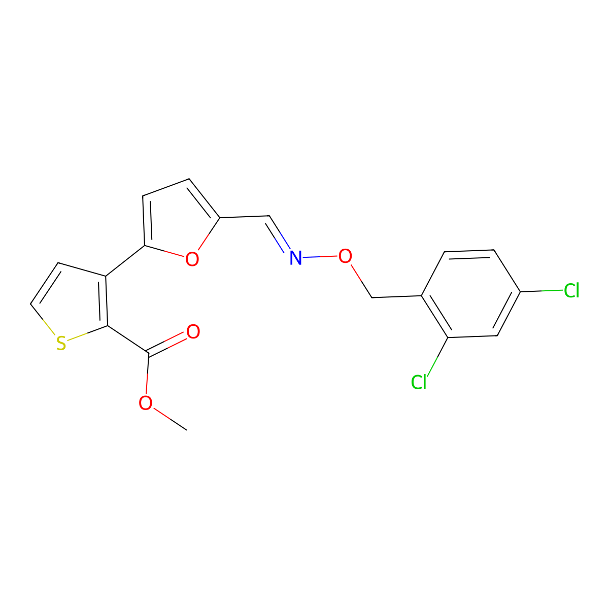 Methyl 3-[5-({[(2,4-dichlorobenzyl)oxy]imino}methyl)-2-furyl]-2-thiophenecarboxylate molecular structure, CAS 241488-31-3