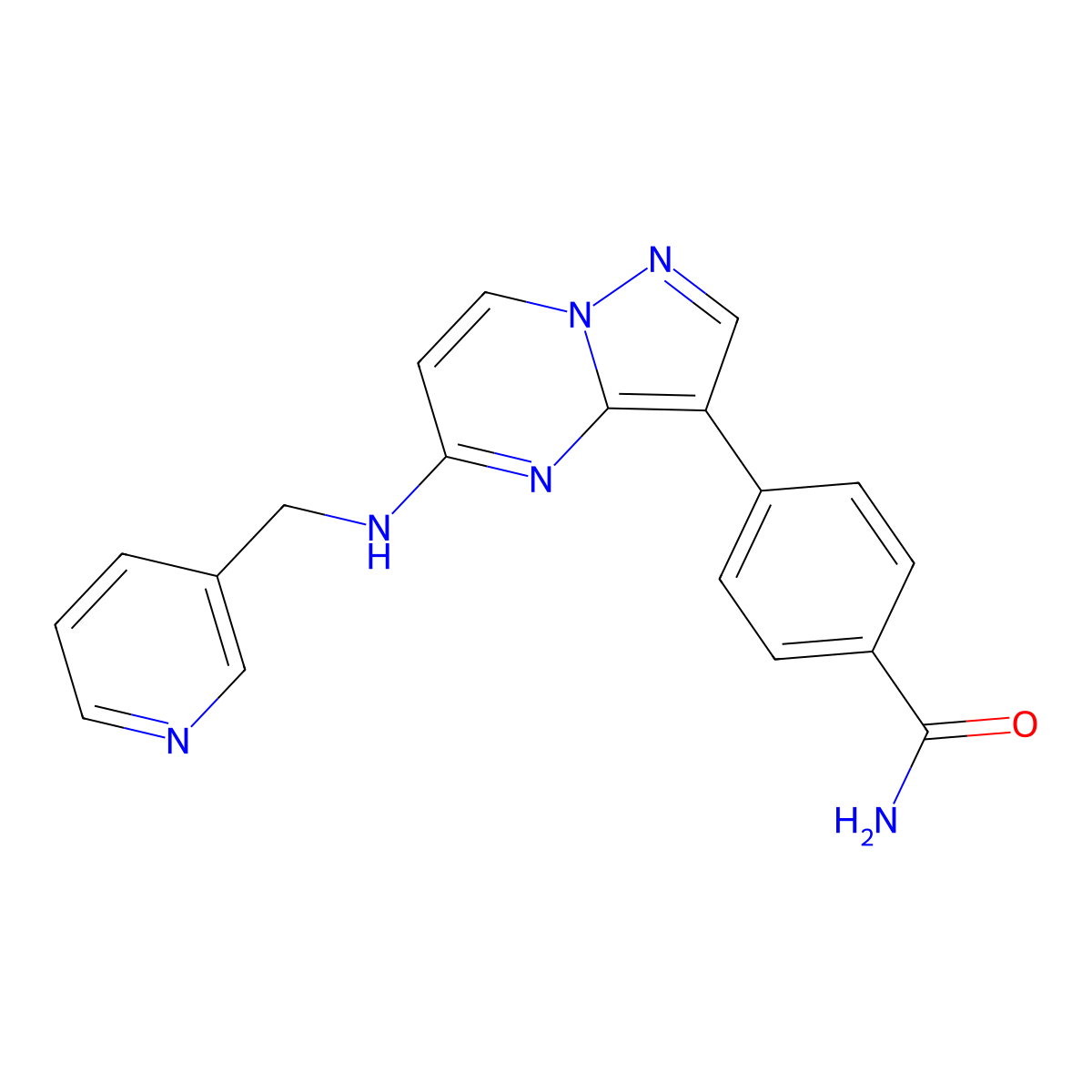 4-(5-((Pyridin-3-ylmethyl)amino)pyrazolo[1,5-a]pyrimidin-3-yl)benzamide molecular structure, CAS 2414909-94-5