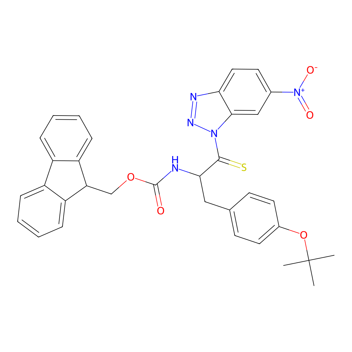 9H-fluoren-9-ylmethyl {[(2S)-3-{4-[(2-methylprop-2-yl)oxy]phenyl}-1-(6-nitrobenzo[d][1,2,3]triazol-1-yl)-1-thioxoprop-2-yl]amino}methanoate molecular structure, CAS 2415127-38-5
