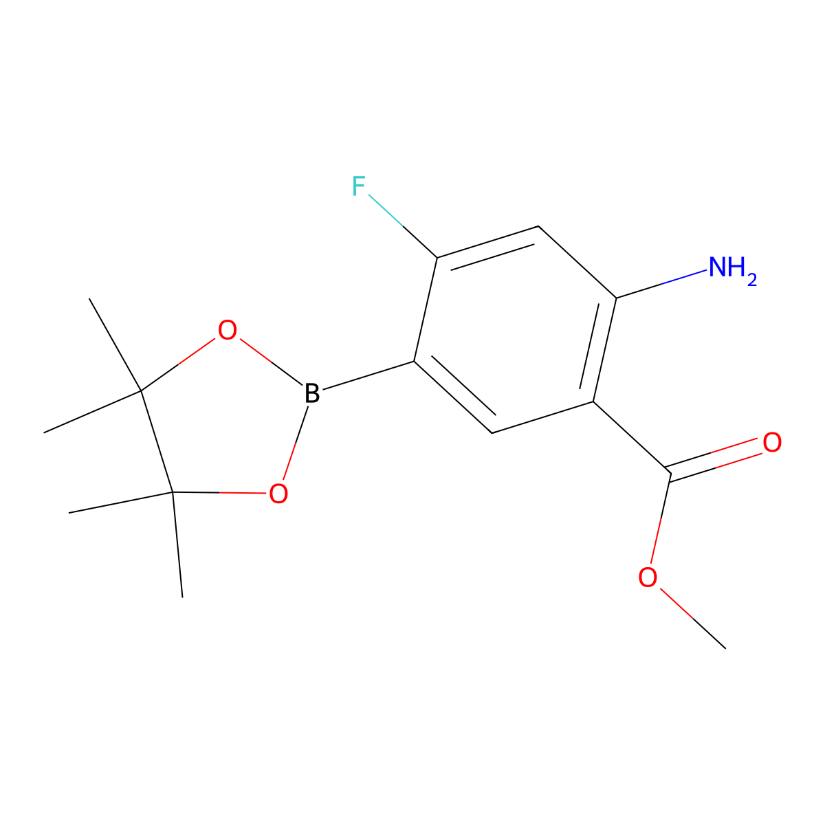 Methyl 2-amino-4-fluoro-5-(tetramethyl-1,3,2-dioxaborolan-2-yl)benzoate molecular structure, CAS 2415255-59-1