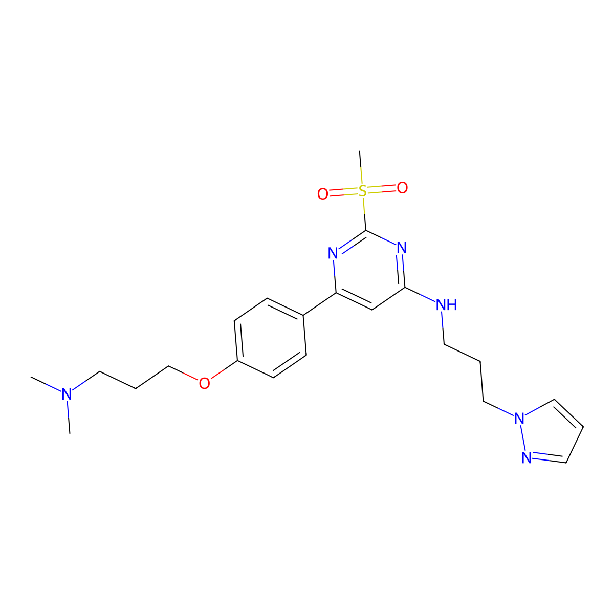 6-{4-[3-(dimethylamino)propoxy]phenyl}-2-(methylsulfonyl)-N-[3-(1H-pyrazol-1-yl)propyl]pyrimidin-4-amine molecular structure, CAS 2415263-04-4