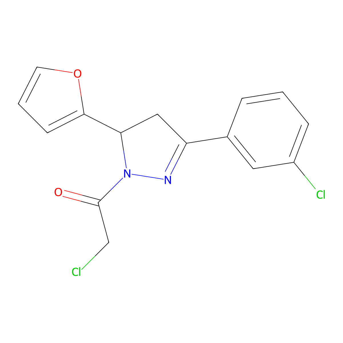 2-chloro-1-[3-(3-chlorophenyl)-5-(furan-2-yl)-4,5-dihydro-1H-pyrazol-1-yl]ethan-1-one molecular structure, CAS 2415426-49-0