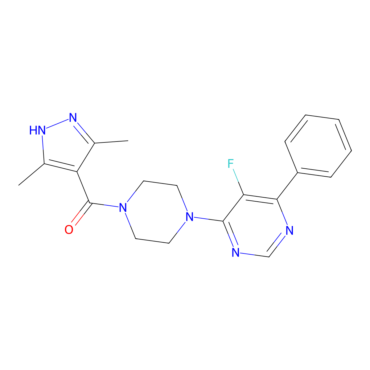 4-[4-(3,5-dimethyl-1H-pyrazole-4-carbonyl)piperazin-1-yl]-5-fluoro-6-phenylpyrimidine molecular structure, CAS 2415452-72-9