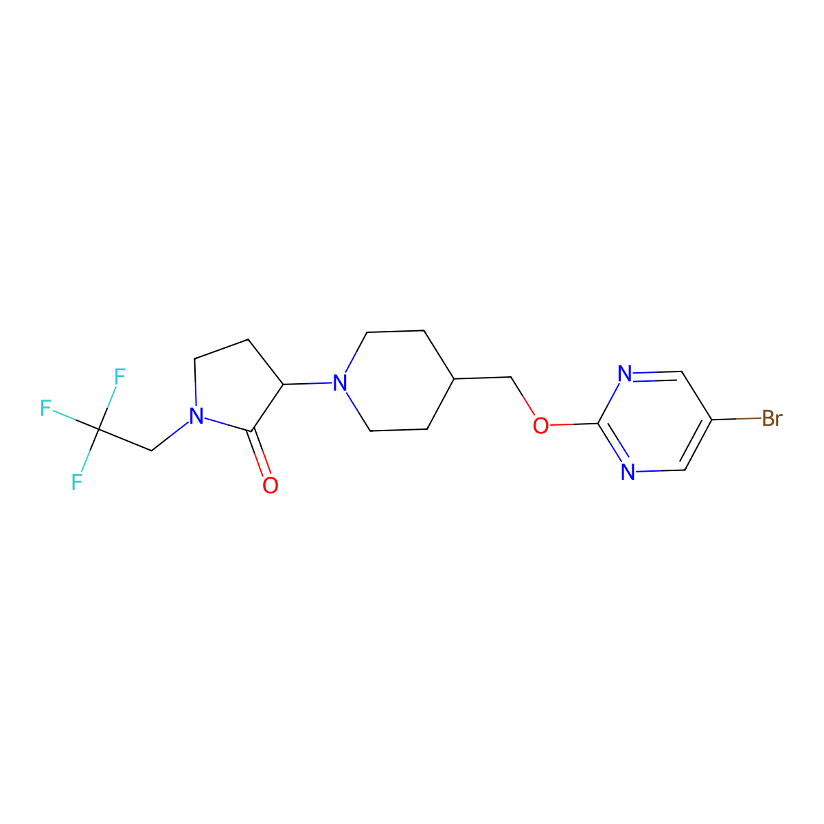 3-(4-{[(5-Bromopyrimidin-2-yl)oxy]methyl}piperidin-1-yl)-1-(2,2,2-trifluoroethyl)pyrrolidin-2-one molecular structure, CAS 2415452-94-5