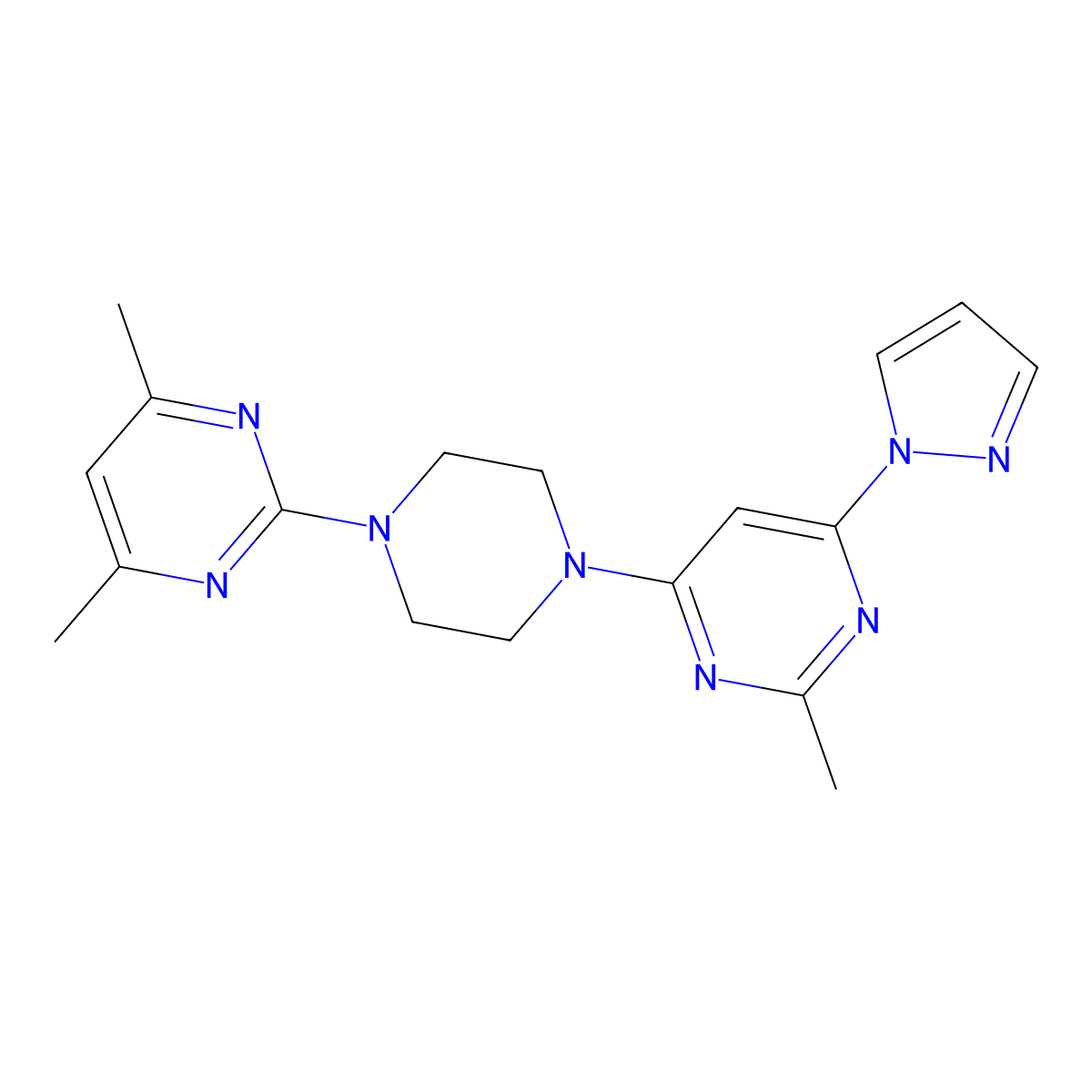 4-[4-(4,6-dimethylpyrimidin-2-yl)piperazin-1-yl]-2-methyl-6-(1H-pyrazol-1-yl)pyrimidine molecular structure, CAS 2415453-03-9