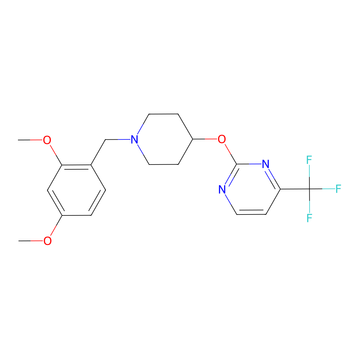 2-({1-[(2,4-Dimethoxyphenyl)methyl]piperidin-4-yl}oxy)-4-(trifluoromethyl)pyrimidine molecular structure, CAS 2415453-09-5