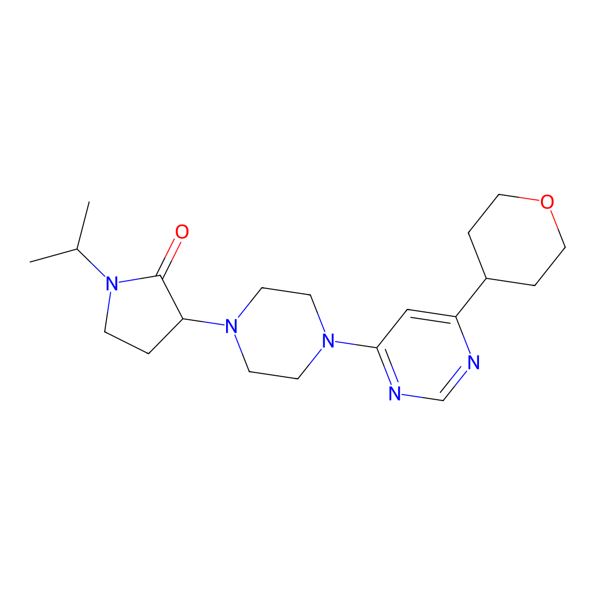 3-{4-[6-(Oxan-4-yl)pyrimidin-4-yl]piperazin-1-yl}-1-(propan-2-yl)pyrrolidin-2-one molecular structure, CAS 2415453-13-1