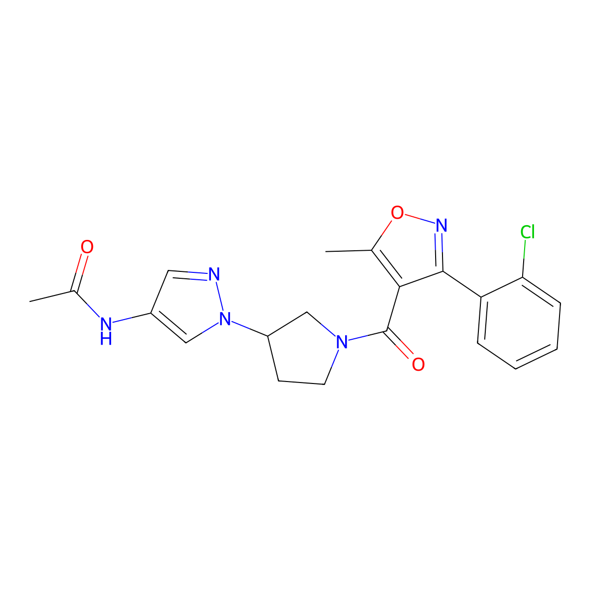 N-(1-{1-[3-(2-chlorophenyl)-5-methyl-1,2-oxazole-4-carbonyl]pyrrolidin-3-yl}-1H-pyrazol-4-yl)acetamide molecular structure, CAS 2415453-14-2